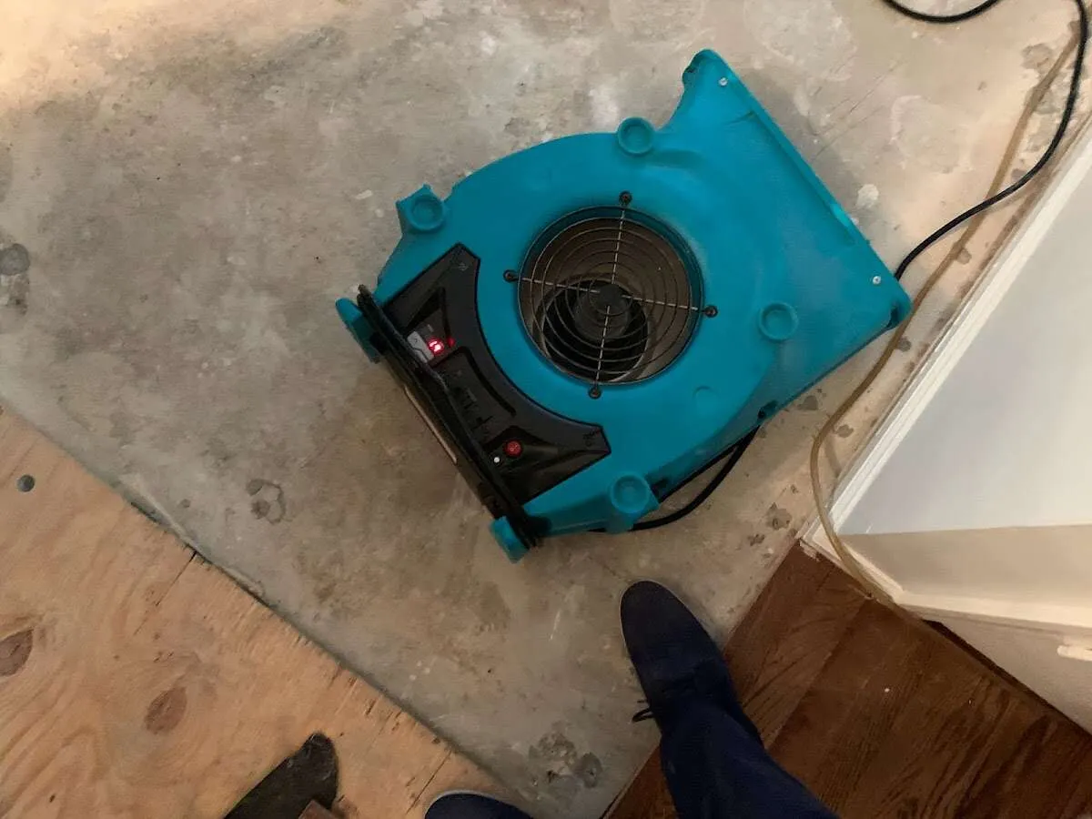 Air mover drying subfloor during Leak Detection & Repair in Alpena